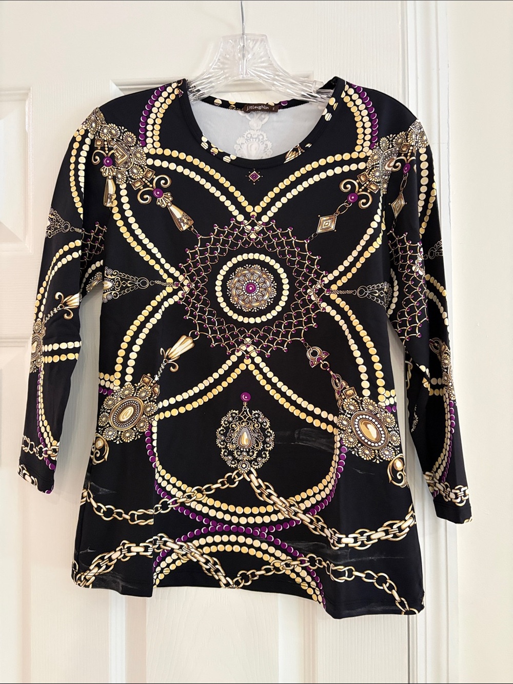 Women's Black Long-Sleeve Top with Gold & Purple Baroque Print by J McLaughlin
